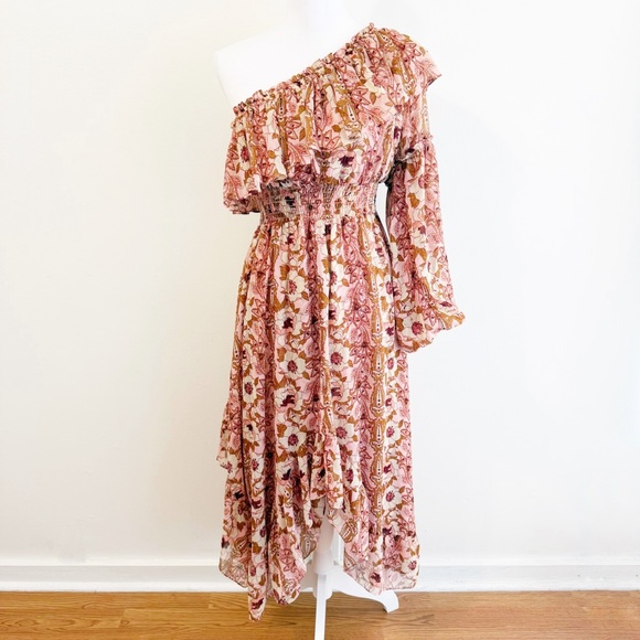 Misa Los Angeles Dresses & Skirts - MISA VOLA PINK CREAM BROWN FLORAL RUFFLE ONE SHOULDER LONG SLEEVE MIDI DRESS